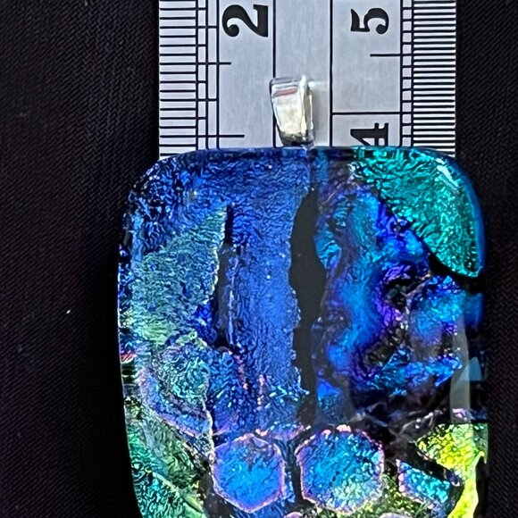 Blue & Green Dichroic Glass Pendant • 18” Italian 925 Sterling Silver Chain - Picture 6 of 12